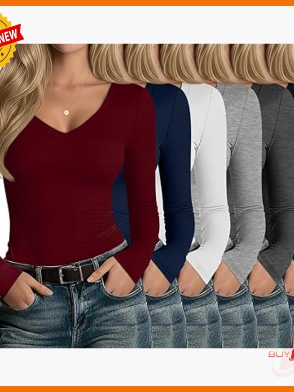6 Pack Women's Slim Fit V-Neck Long Sleeve Tees, Basic Layering Tops